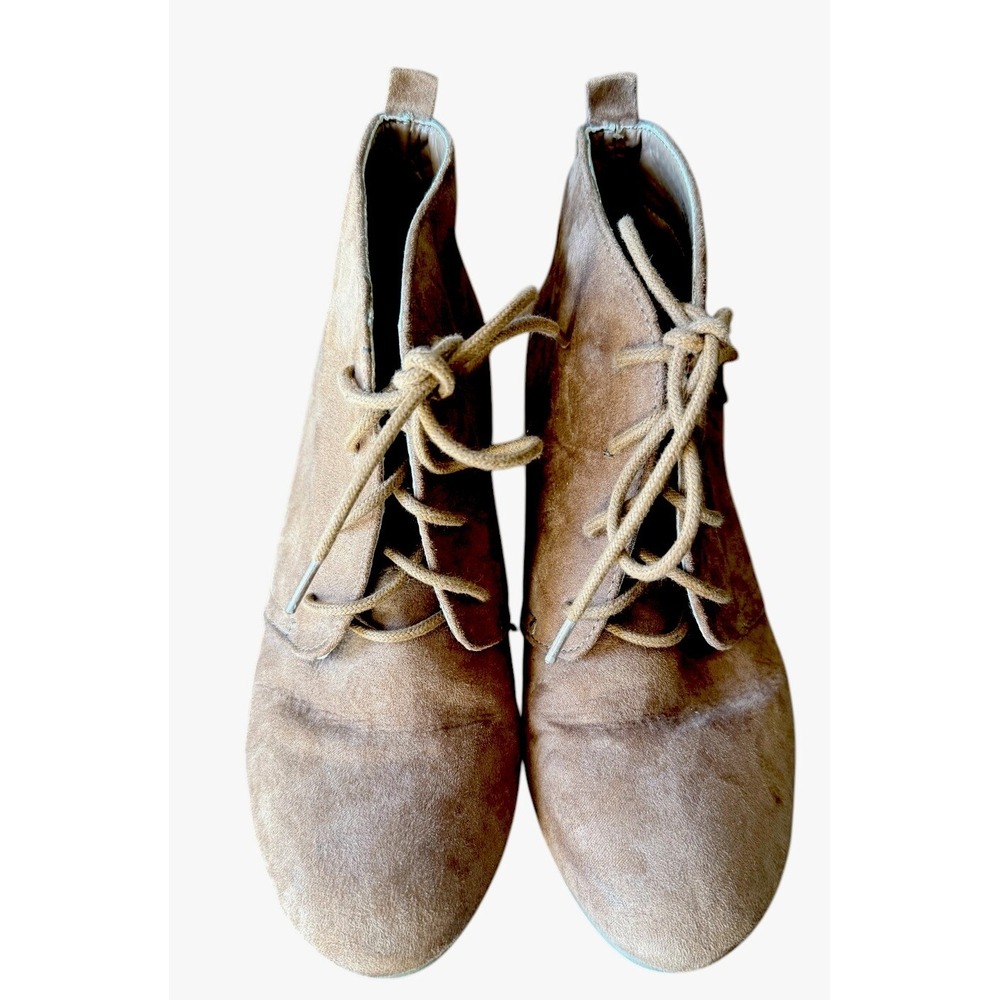 New Directions Women's Boots Wedge Heels Foldover Suede Tan Lace-up Size 7.5